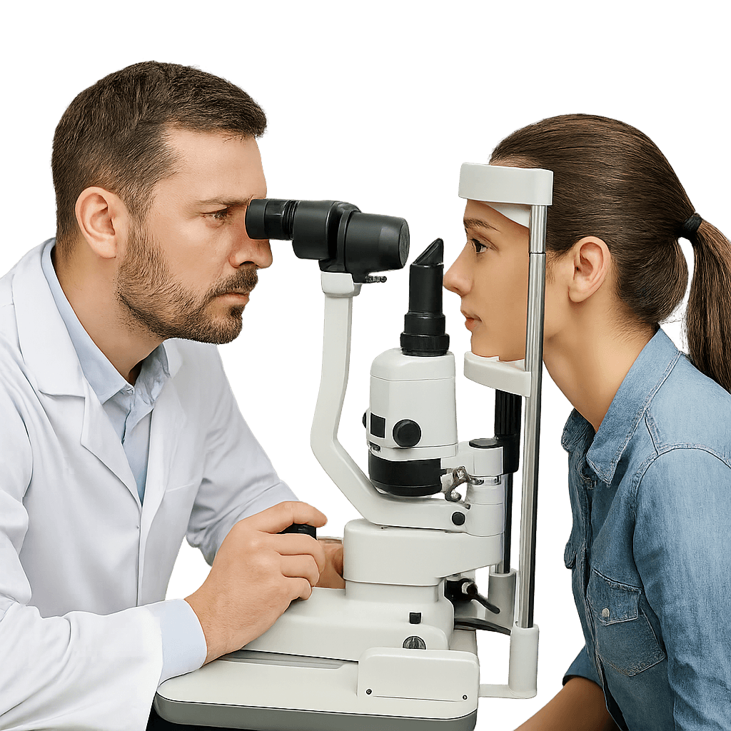 Oftalmologista examinando os olhos de uma paciente